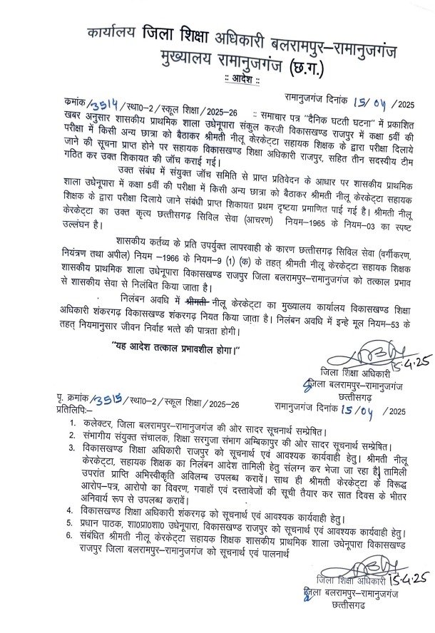 CG News: 5वीं की परीक्षा में एक छात्रा की जगह दूसरी लड़की ने दी परीक्षा, दो शिक्षिकाएं निलंबित... 3 87ffc494 841b 4713 a0a1 9f84be0ec6d7