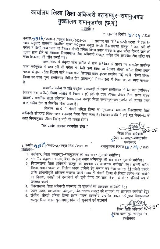 CG News: 5वीं की परीक्षा में एक छात्रा की जगह दूसरी लड़की ने दी परीक्षा, दो शिक्षिकाएं निलंबित... 4 aec0f242 37e9 4d38 9f7b c2caa3b0051c