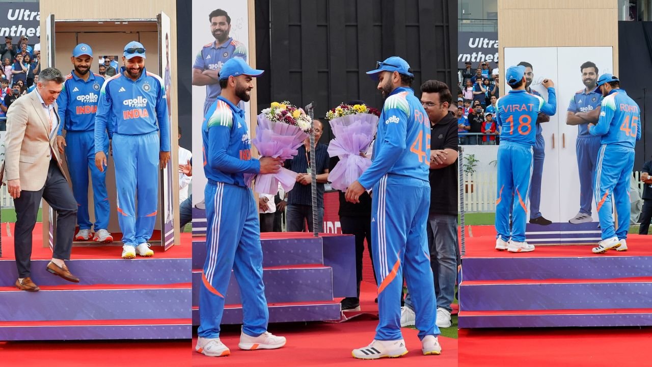 Cricketers receiving flowers on stage.