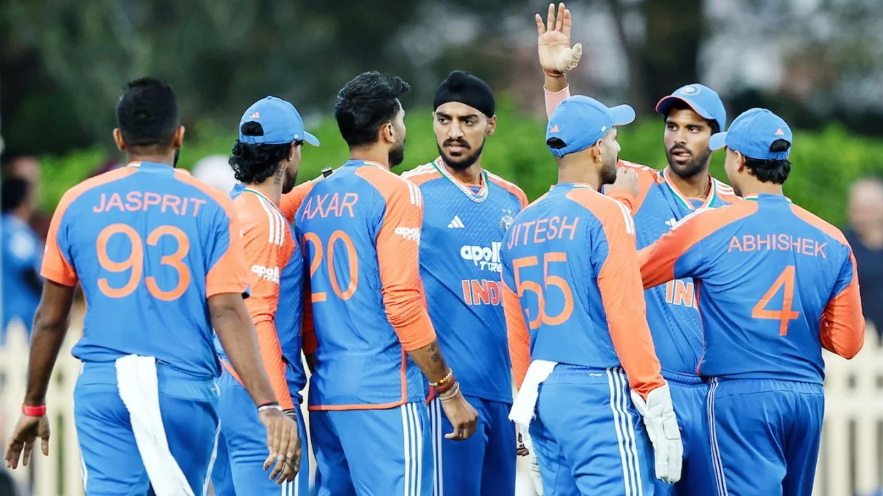 Indian cricket team celebrating together.