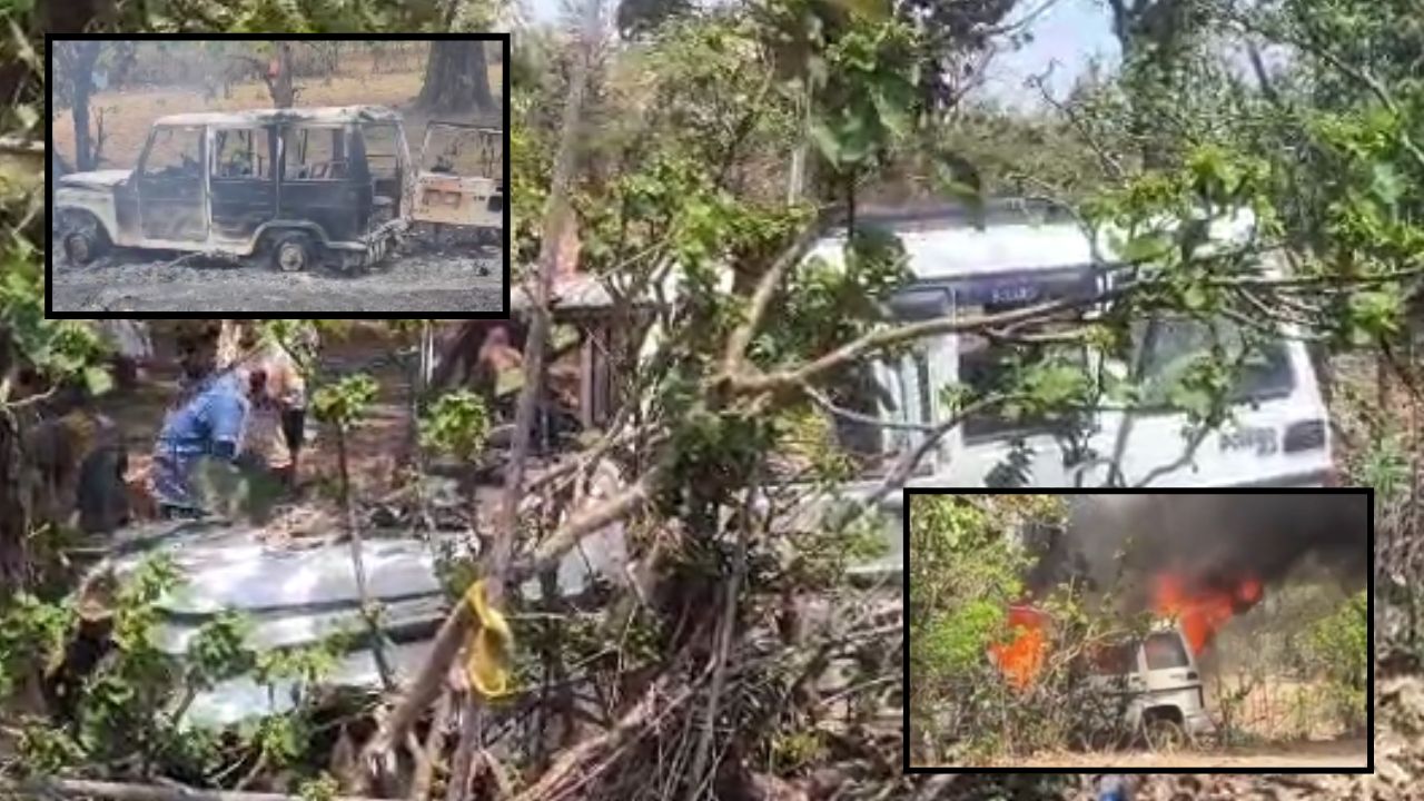 CG Accident: Driver dozes off while driving, Bolero catches fire after hitting a tree, family narrowly escapes