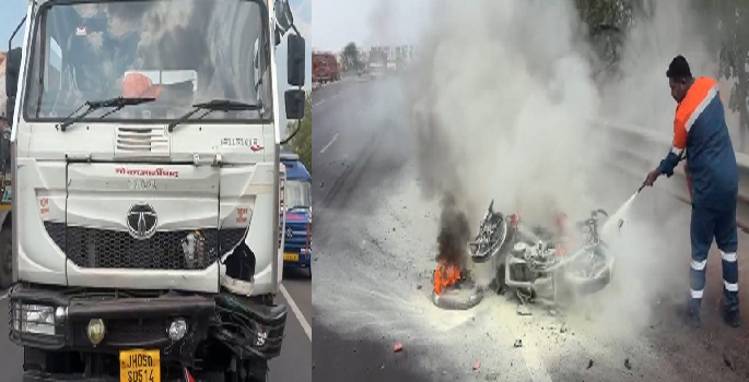 CG Accident: Trailer truck turns deadly on NH-53; bike bursts into flames after collision, youth dies on the spot.