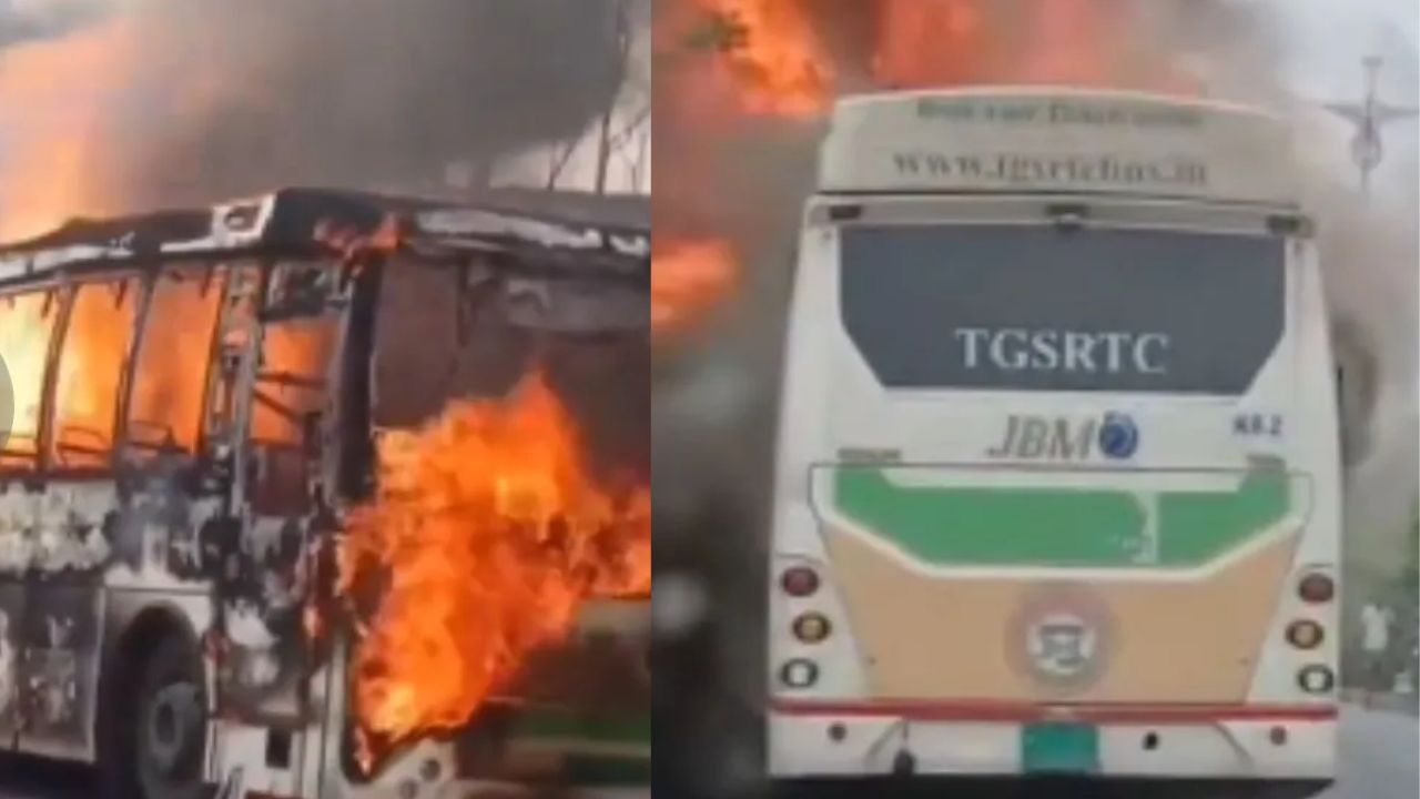 Telangana Electric Bus Fire: तेलंगाना में टला बड़ा हादसा : इलेक्ट्रिक बस धू-धू कर जली, 41 यात्री बाल-बाल बचे; हाइवे पर कंटेनर पलटने से लगा भारी जाम