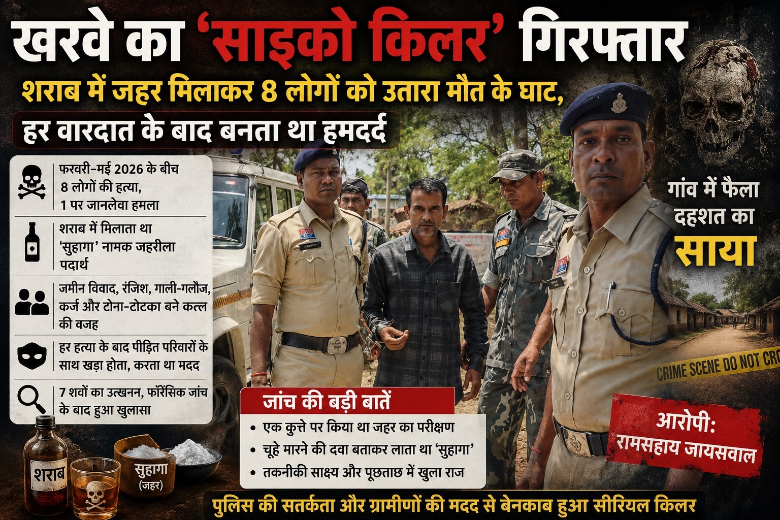 CG Crime : खरवे का ‘साइको किलर’ गिरफ्तार: शराब में जहर मिलाकर 8 लोगों को उतारा मौत के घाट, हर वारदात के बाद बनता था हमदर्द