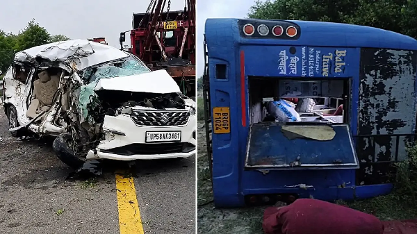 UP Accident: Passenger bus crosses divider on Unnao Expressway, hits car, then plunges into a ditch; 7 dead, 12 injured.