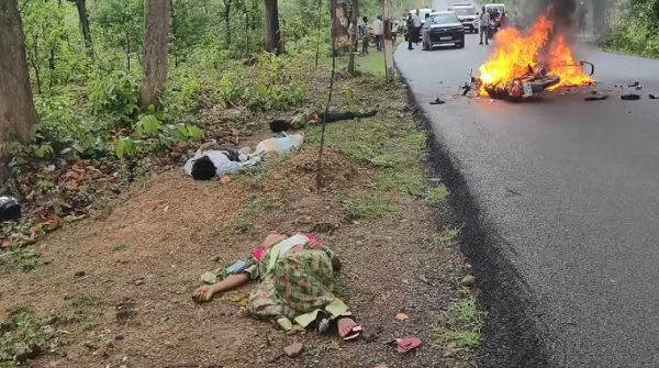 CG Accident: Fire breaks out after collision between two bikes; one dead, three critically injured.